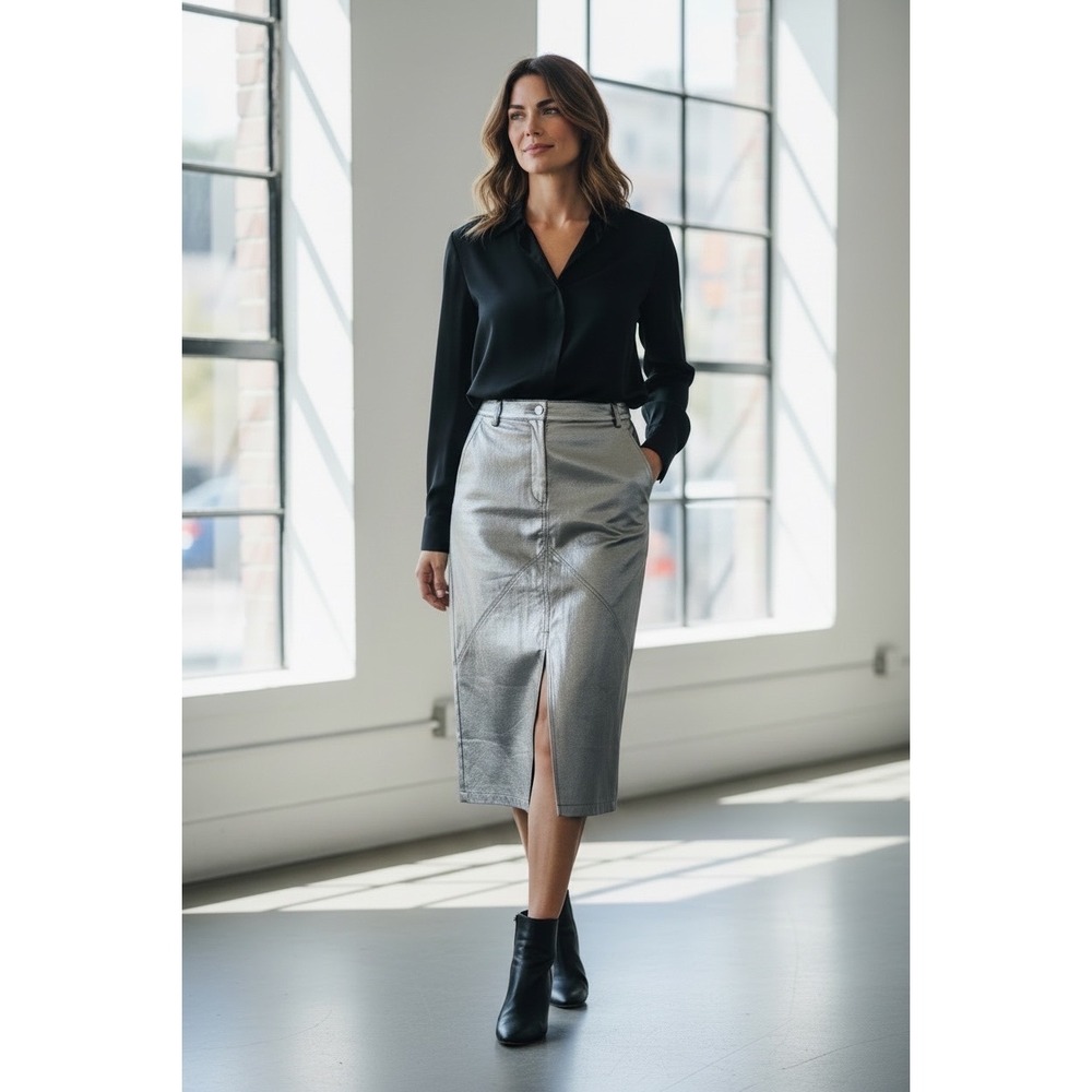 Lumiere Metallic Silver Midi Pencil Skirt High Waist Front Slit Women's Size S